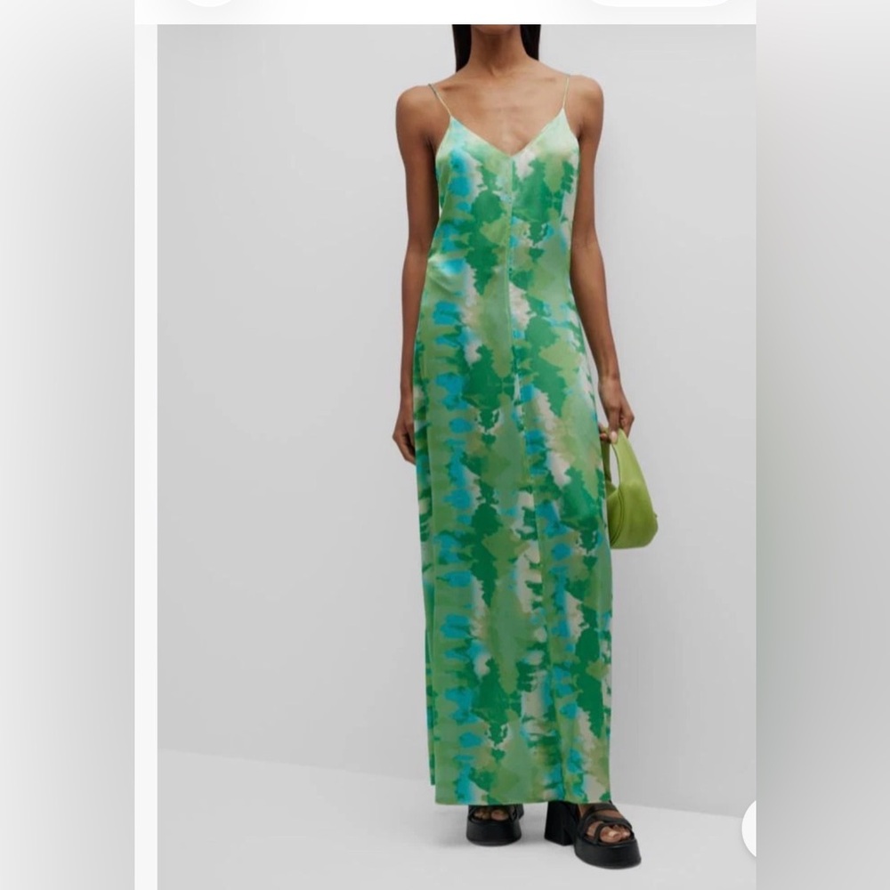 Ganni Green and Blue Watercolor Maxi Slip Dress